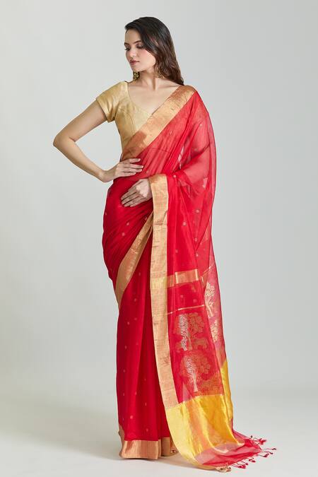 Mint N Oranges_Red Chanderi, Silk Handwoven Saree With Unstitched Blouse Fabric _Online_at_Aza_Fashions
