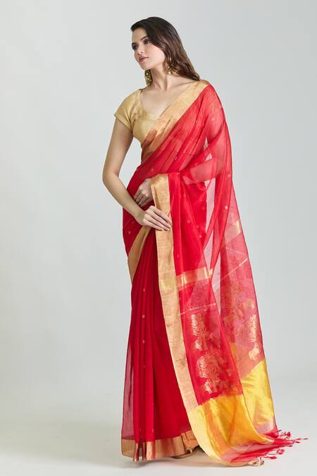 Buy_Mint N Oranges_Red Chanderi, Silk Handwoven Saree With Unstitched Blouse Fabric _Online_at_Aza_Fashions