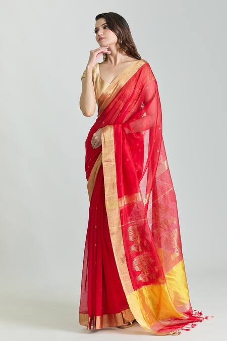 Shop_Mint N Oranges_Red Chanderi, Silk Handwoven Saree With Unstitched Blouse Fabric _Online_at_Aza_Fashions