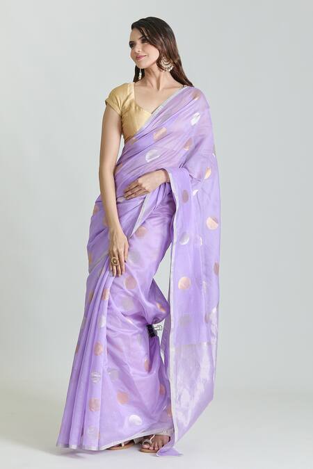 Mint N Oranges_Purple Chanderi Zari Polka Woven Saree With Unstitched Blouse Piece_Online_at_Aza_Fashions