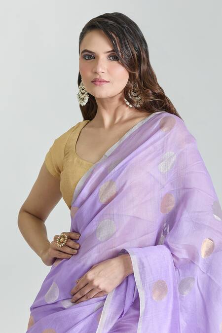 Buy_Mint N Oranges_Purple Chanderi Zari Polka Woven Saree With Unstitched Blouse Piece_Online_at_Aza_Fashions