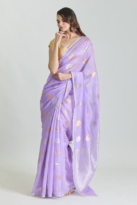 Shop_Mint N Oranges_Purple Chanderi Zari Polka Woven Saree With Unstitched Blouse Piece_Online_at_Aza_Fashions