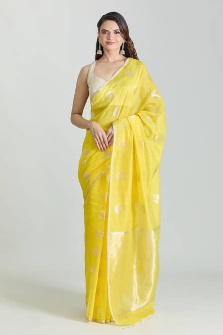 Mint N Oranges Yellow Pure Chanderi Woven Polka Handloom Saree With Unstitched Blouse Piece