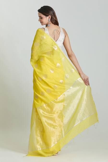Shop Mint N Oranges Yellow Chanderi Zari Polka Woven Handloom Saree With Unstitched Blouse Piece at Aza Fashions Shop_Mint N Oranges_Yellow Chanderi Zari Polka Woven Handloom Saree With Unstitched Blouse Piece_at_Aza_Fashions