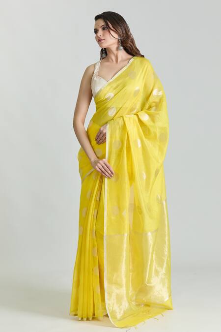 Mint N Oranges Yellow Chanderi Zari Polka Woven Handloom Saree With Unstitched Blouse Piece Online at Aza Fashions Mint N Oranges_Yellow Chanderi Zari Polka Woven Handloom Saree With Unstitched Blouse Piece_Online_at_Aza_Fashions