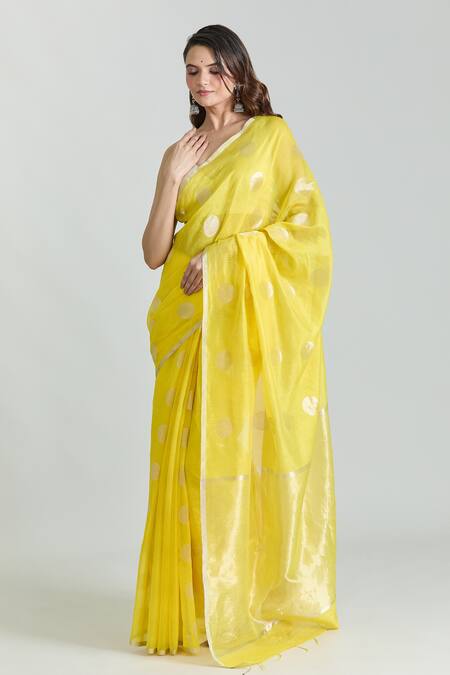 Buy Mint N Oranges Yellow Chanderi Zari Polka Woven Handloom Saree With Unstitched Blouse Piece Online at Aza Fashions Buy_Mint N Oranges_Yellow Chanderi Zari Polka Woven Handloom Saree With Unstitched Blouse Piece_Online_at_Aza_Fashions