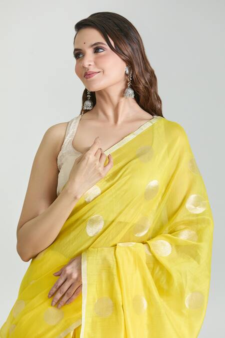 Shop Mint N Oranges Yellow Chanderi Zari Polka Woven Handloom Saree With Unstitched Blouse Piece Online at Aza Fashions Shop_Mint N Oranges_Yellow Chanderi Zari Polka Woven Handloom Saree With Unstitched Blouse Piece_Online_at_Aza_Fashions