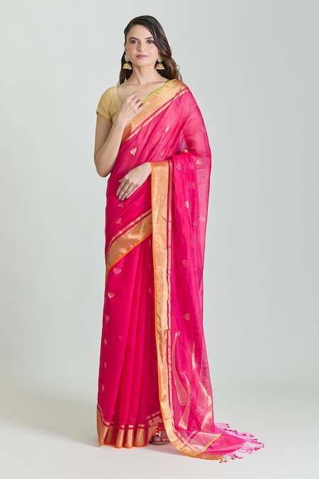 Mint N Oranges Pink Pure Chanderi Woven Lotus And Paisley Saree With Unstitched Blouse Piece 