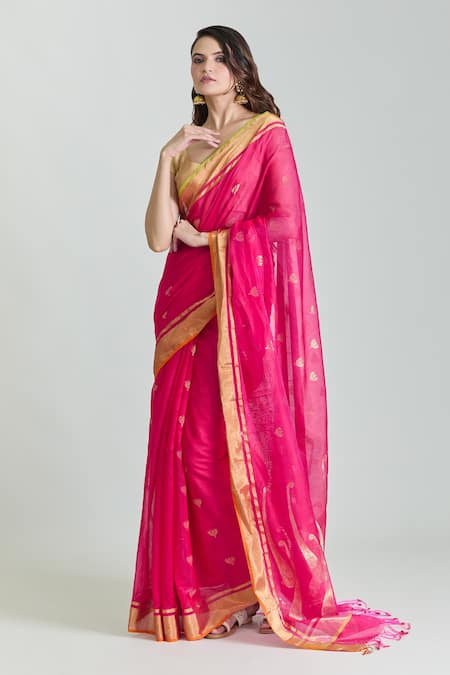 Buy_Mint N Oranges_Pink Chanderi Lotus And Paisley Woven Pure Saree With Unstitched Blouse Piece _Online_at_Aza_Fashions