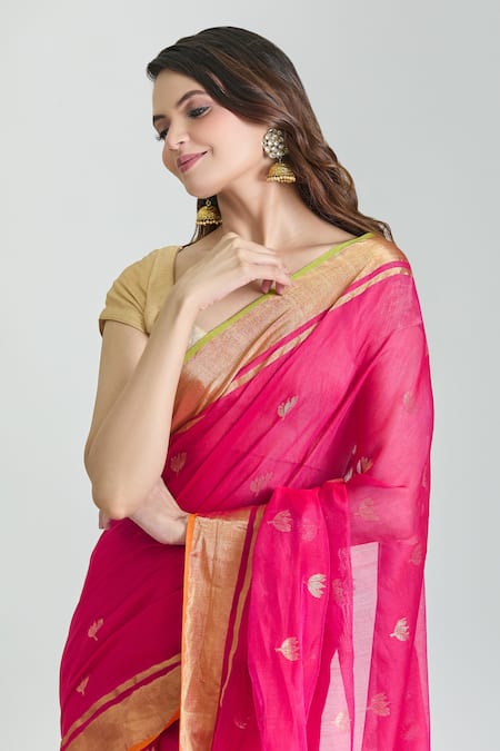 Shop_Mint N Oranges_Pink Chanderi Lotus And Paisley Woven Pure Saree With Unstitched Blouse Piece _Online_at_Aza_Fashions