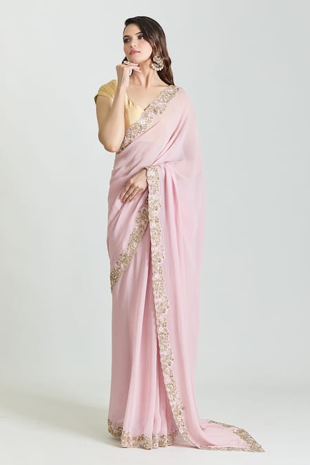 Mint N Oranges_Pink Georgette Embroidery Flora Zardozi Border Work Saree_Online_at_Aza_Fashions