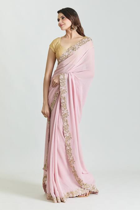 Shop_Mint N Oranges_Pink Georgette Embroidery Flora Zardozi Border Work Saree_Online_at_Aza_Fashions