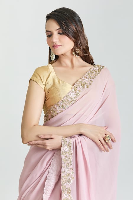 Mint N Oranges_Pink Georgette Embroidery Flora Zardozi Border Work Saree_at_Aza_Fashions