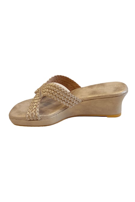 Cinderella By Heena Yusuf_Gold Woven Braided Wedges _Online_at_Aza_Fashions