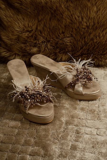 Cinderella By Heena Yusuf_Gold Feathers, Beads Lyla Stone Embellished Wedges _Online_at_Aza_Fashions