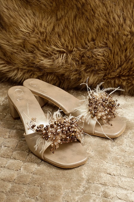 Cinderella By Heena Yusuf Lyla Feather Embellished Block Heels 
