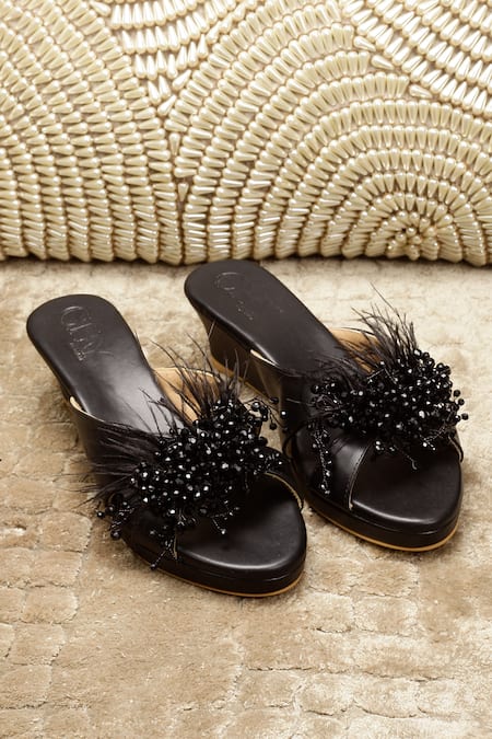 Cinderella By Heena Yusuf_Black Lyla Feather And Stone Embellished Wedges _Online_at_Aza_Fashions