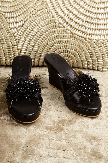 Cinderella By Heena Yusuf_Black Lyla Stone And Feather Embellished Wedges _Online_at_Aza_Fashions