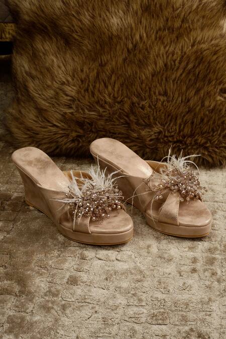 Cinderella By Heena Yusuf_Pink Lyla Feather Embellished Wedges _Online_at_Aza_Fashions
