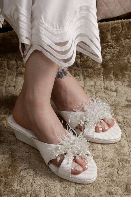 Cinderella By Heena Yusuf_Ivory Lyla Bead Embellished Wedges _Online_at_Aza_Fashions