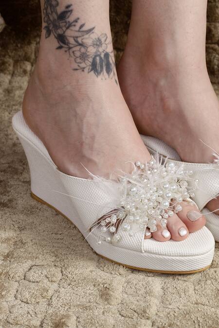 Cinderella By Heena Yusuf_Ivory Beads, Feathers Lyla Embellished Wedges _Online_at_Aza_Fashions