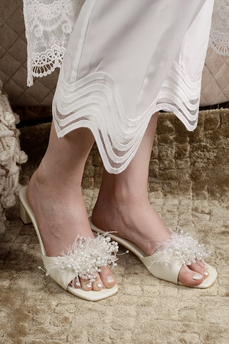 Cinderella by Heena Yusuf Ivory Lyla Square Toe Embellished Block Heels
