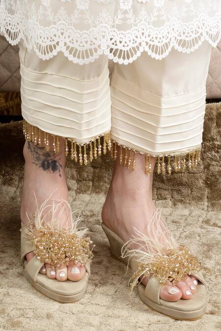 Cinderella By Heena Yusuf_Gold Beads, Feathers Lyla Embellished Wedges _Online_at_Aza_Fashions