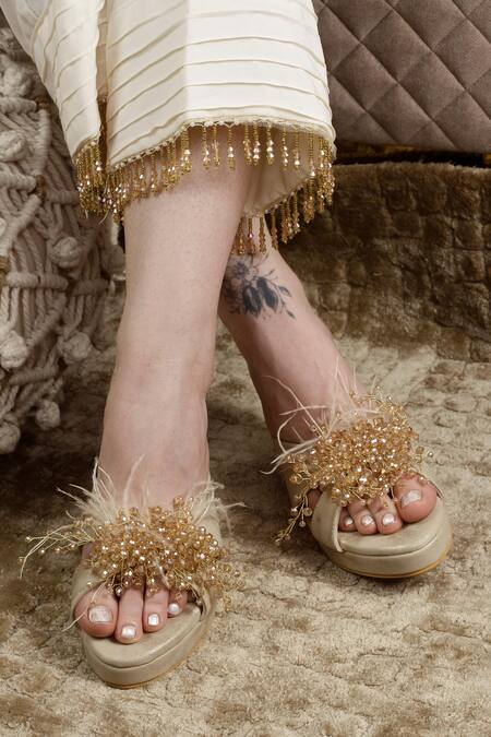 Cinderella By Heena Yusuf_Gold Lyla Feather Embellished Wedges _Online_at_Aza_Fashions