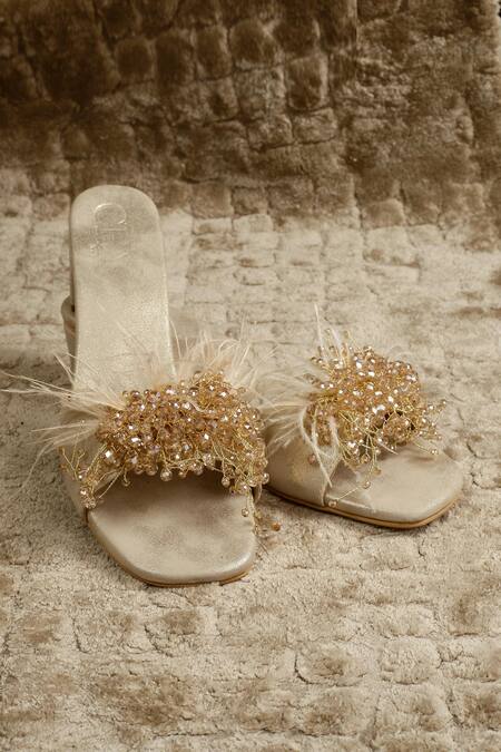 Cinderella By Heena Yusuf_Gold Lyla Bead Embellished Wedges _Online_at_Aza_Fashions
