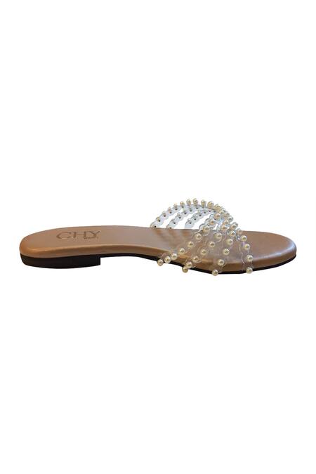 Cinderella By Heena Yusuf_Beige Sugar Pearl Embellished Flats _Online_at_Aza_Fashions