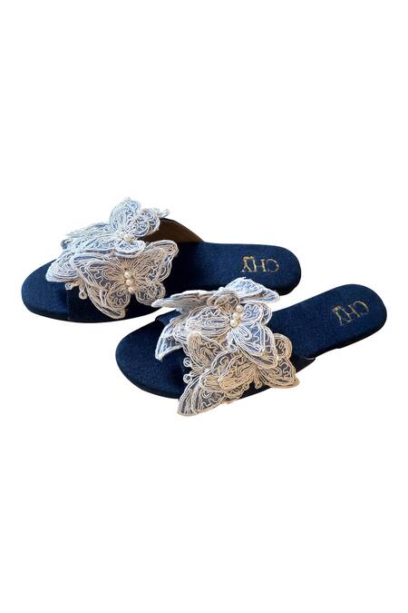 Buy_Cinderella By Heena Yusuf_Blue Titli Denim Flats _Online_at_Aza_Fashions