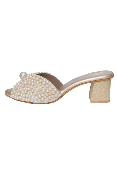 Kkarma Accessories_Off White Pearls Bhakti Embellished Block Heels _Online_at_Aza_Fashions