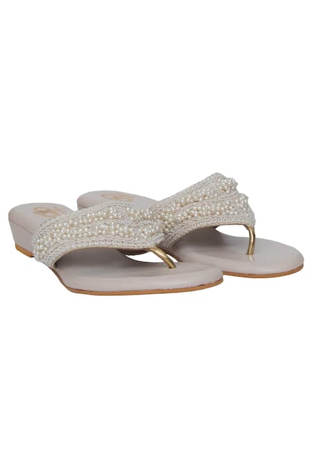 Kkarma Accessories White Embellished Janita Pearl Kolhapuri Wedges 