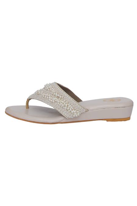 Kkarma Accessories_White Pearls, Lace Janita Embellished Kolhapuri Wedges _Online_at_Aza_Fashions