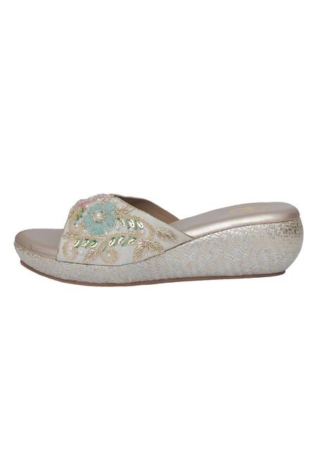 Kkarma Accessories_Multi Color Embroidery Jasleen Floral Zardozi Wedges _Online_at_Aza_Fashions