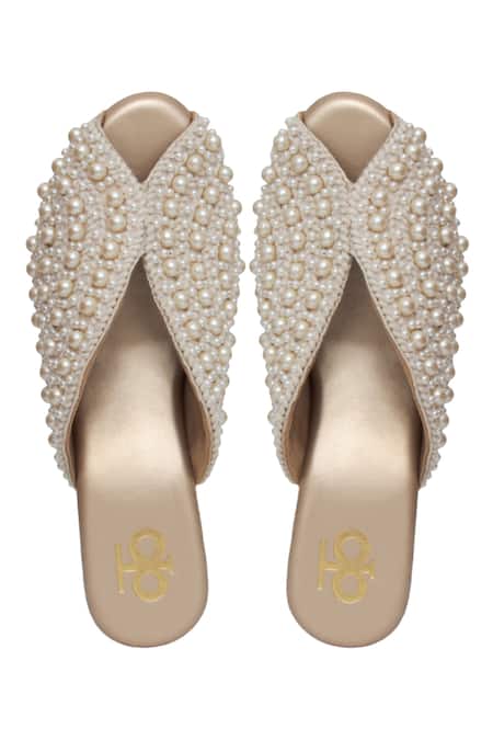 Shop_Kkarma Accessories_Off White Pearls Embellished Mules _at_Aza_Fashions