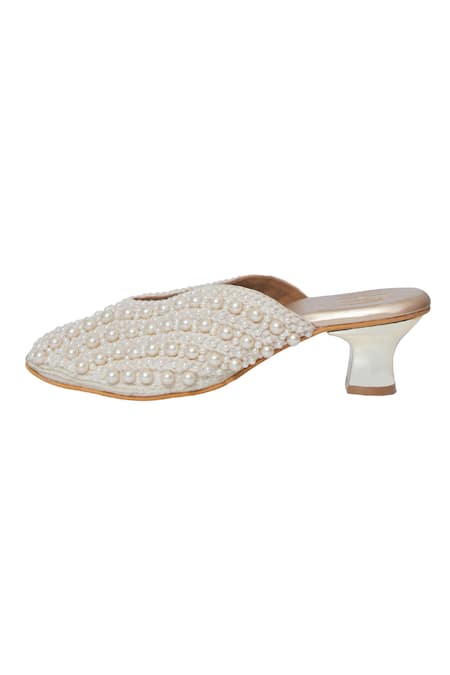Kkarma Accessories_Off White Pearls Embellished Mules _Online_at_Aza_Fashions