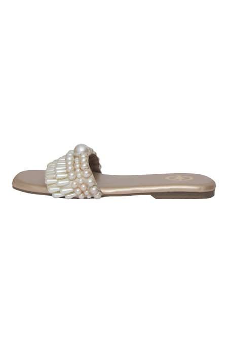Kkarma Accessories_Off White Pearl Embellished Flats _Online_at_Aza_Fashions