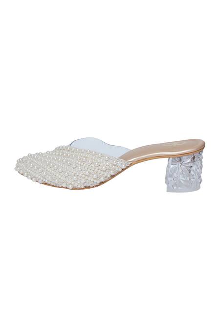 Kkarma Accessories_White Pearls, Lace Navya Embellished Close Toe Mules _Online_at_Aza_Fashions
