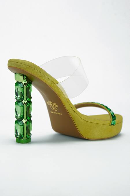 Signature Sole_Green Diamond Studded Heels _at_Aza_Fashions