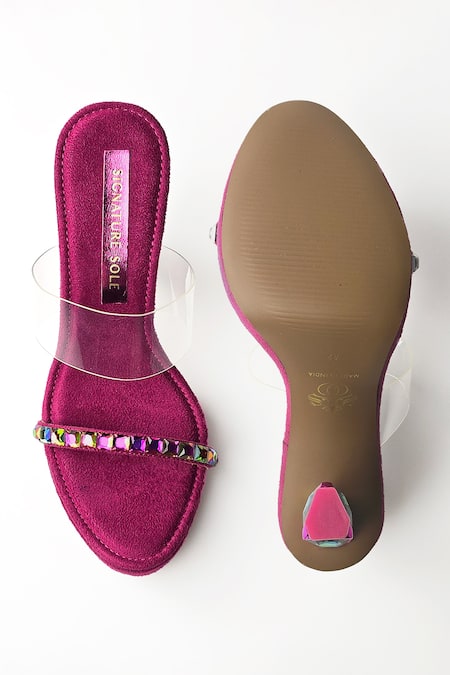 Shop_Signature Sole_Pink Diamond Embellished Strap Heels _at_Aza_Fashions