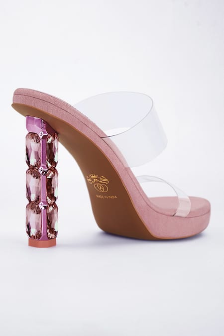 Shop Signature Sole Pink Diamonds Studded Block Heels Shop_Signature Sole_Pink Diamonds Studded Block Heels