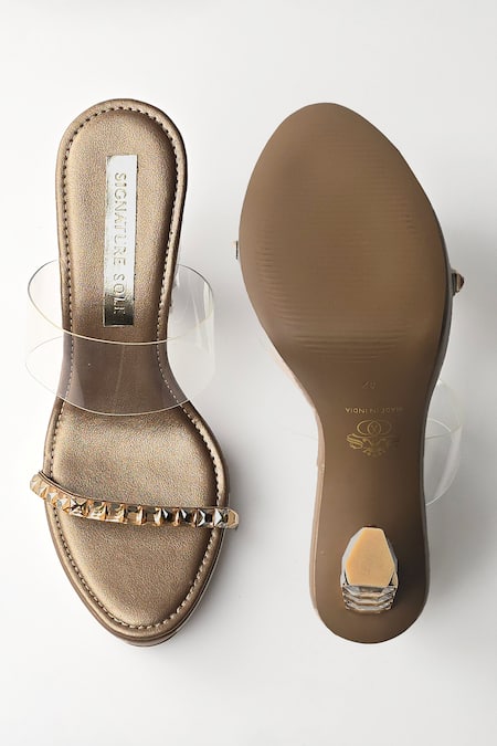 Shop Signature Sole Gold Diamonds Studded Strap Block Heels at Aza Fashions Shop_Signature Sole_Gold Diamonds Studded Strap Block Heels _at_Aza_Fashions