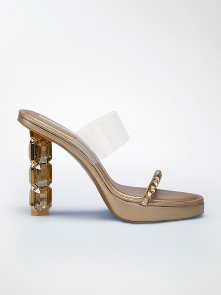 Shop Signature Sole Gold Diamonds Studded Strap Block Heels Online at Aza Fashions Shop_Signature Sole_Gold Diamonds Studded Strap Block Heels _Online_at_Aza_Fashions