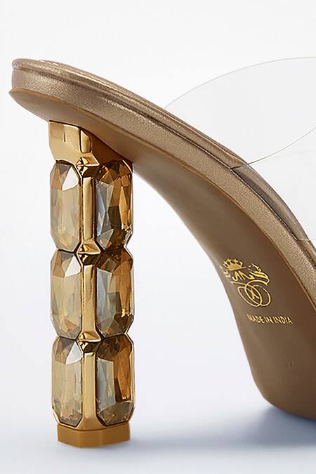Buy Signature Sole Gold Diamonds Studded Strap Block Heels Buy_Signature Sole_Gold Diamonds Studded Strap Block Heels