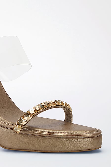 Shop Signature Sole Gold Diamonds Studded Strap Block Heels Shop_Signature Sole_Gold Diamonds Studded Strap Block Heels