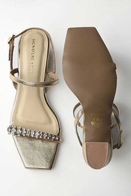 Shop Signature Sole Gold Stone Embellished Strap Block Heels at Aza Fashions Shop_Signature Sole_Gold Stone Embellished Strap Block Heels_at_Aza_Fashions