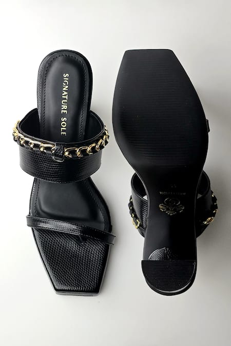 Shop_Signature Sole_Black Chain Double Strap Block Heels _at_Aza_Fashions