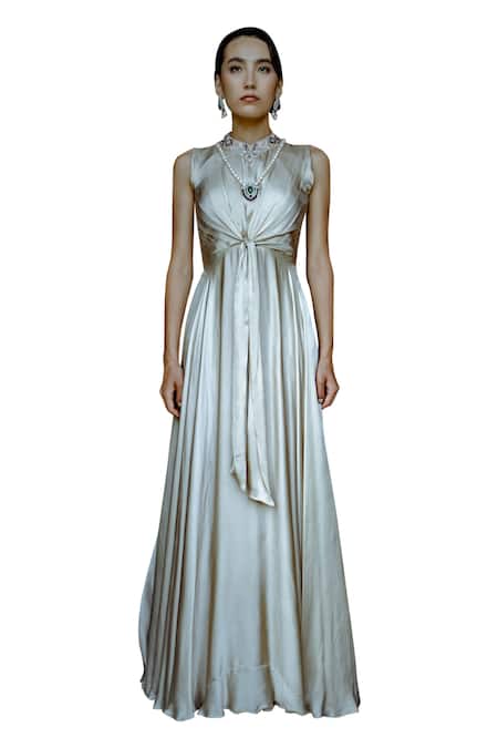 Pavone By Akanksha Chopra_Off White Satin Cut Work, Embroidery High Neck Front Tie-up Gown _at_Aza_Fashions