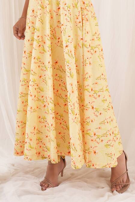 House Of TA-YA_Yellow Cotton Halter Neck Floral Print Anarkali With Churidar _Online_at_Aza_Fashions